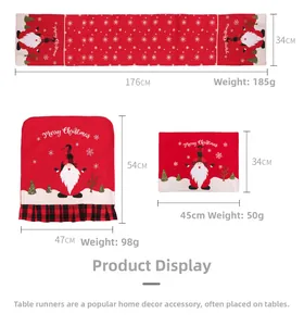 Detailed dimensions of red Christmas table runner and chair covers with festive patterns