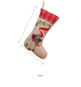 Linen Christmas stocking with snowman embroidery and welcome text dimensions 39x27cm