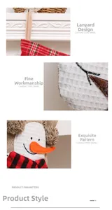 Detail of red plaid Christmas stocking featuring plush snowman embroidery and hanging rope