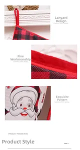 Detailed close-up of Christmas stocking stitching, plaid fabric trim and festive patterns