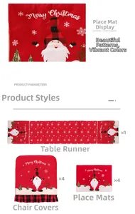 Detail of Christmas table runner and chair covers with Santa gnome and snowflake patterns