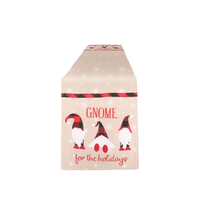 Chemin de table de Noël avec gnomes, bordure à carreaux rouges et texte festif en lin