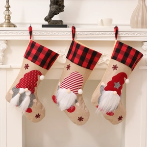 Christmas Stocking Gift Bag Linen Burlap Plaid Faceless Gnome Swedish Tomte Fireplace Hanging Holiday Decoration