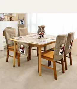 Chemin de table et housses de chaise de Noël en lin avec broderie de bonhomme de neige