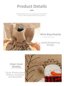 Détail du sac à vin de Noël en toile avec broderie de bonhomme de neige en 3D et cordon