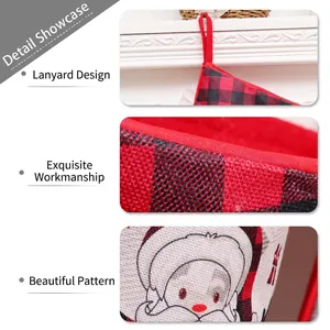 Plaid Christmas stocking with Santa pattern and red hanging loop for holiday decor