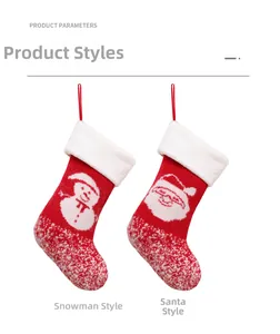 Detail of knitted Christmas stockings featuring Santa and Snowman with white faux fur trim