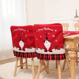 Christmas chair covers set with Merry Christmas embroidery and red plaid gnome ruffles