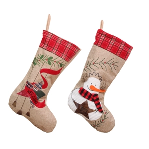 Large embroidered burlap Christmas stockings set with Snowman, Welcome and Joy text