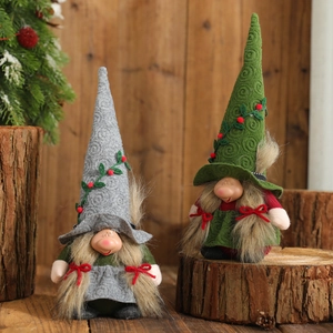 Set of grey and green Christmas faceless gnomes with pointed hats and bows on wood