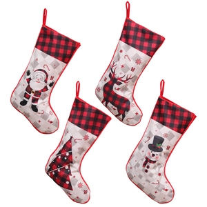 Set of 4 Christmas stockings with Santa, reindeer and snowman in red buffalo plaid design