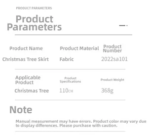 Detailed specification sheet for 110cm embroidered linen snowman Christmas tree skirt