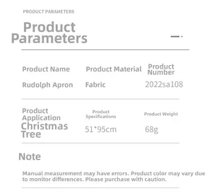 Detailed product parameters for the Rudolf Christmas apron showing size 51x95cm and material