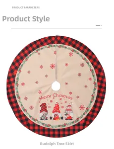 Jupe de sapin de Noël en lin avec imprimé gnomes et bordure à carreaux rouge et noir