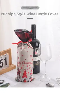 Detail of Christmas wine bottle cover with linen texture and reindeer dwarf prints