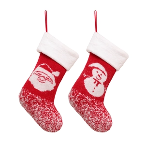 Knitted Christmas stockings with Santa and Snowman patterns for holiday gift bags