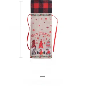 Detail of Christmas wine bag with red buffalo plaid trim and festive gnome illustrations