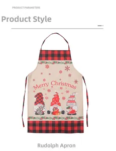 Detail of Christmas gnome apron featuring Merry Christmas text and red buffalo plaid patterns