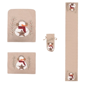 Christmas burlap table runner set with embroidered snowman and JOY holiday decor