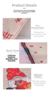 Detail of burlap Christmas wine bag showing fine stitching and festive gnome print