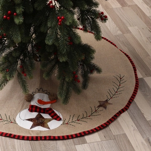 Handmade Burlap Christmas Tree Skirt With Embroidered Snowman Red Black Plaid Border Joy Star Pattern For Home Holiday Decor