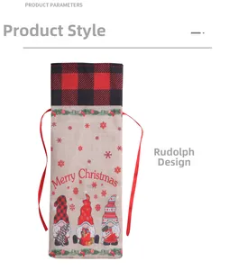 Detail of Christmas wine bottle bag with gnome print and red drawstring on burlap fabric