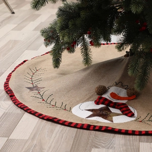 Christmas tree skirt with burlap snowman embroidery and red black plaid border decorations