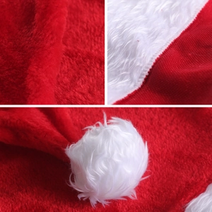 Classic red plush Christmas hat with white faux fur trim and fluffy pompom detail