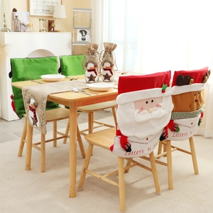 Christmas chair covers and reindeer wine bags set with linen table runner for dining room decor