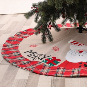 Red plaid Christmas tree skirt with Santa Claus and Merry print for holiday floor decor