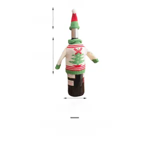 Detailed view of knitted Christmas wine bottle cover with tree pattern and size dimensions