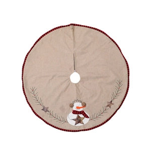 Linen Christmas tree skirt with snowman embroidery and red black plaid border detail