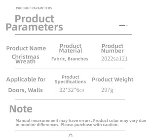 Detailed specifications chart for the 32cm Christmas wreath made of cloth and twigs