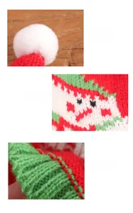 Detail of red knitted Christmas wine bottle cover with pom-pom and festive jacquard pattern