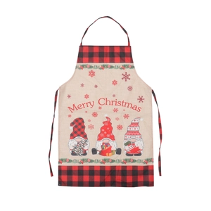 Christmas gnome apron in linen fabric with red black plaid trim and Merry Christmas print