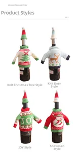 Detailed set of four knitted Christmas wine bottle covers with tree, deer, and snowman designs