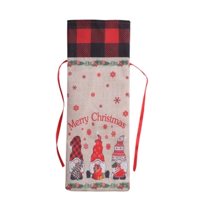 Christmas burlap wine gift bag with gnomes and red buffalo check drawstring top