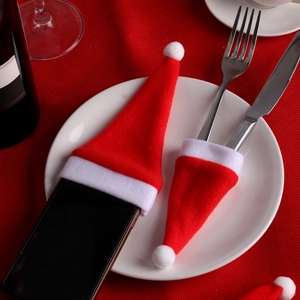 Mini red velvet Christmas hats for silverware cutlery and phone festive table decorations