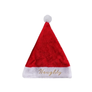 Cappello di Natale in peluche rosso con bordo bianco e ricamo dorato Naughty