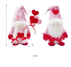 Detail of pink sequin Valentine's Day gnomes showing dimensions and fabric textures