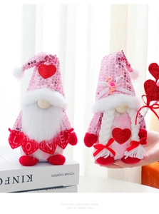 Detail of pink sequin Valentine Gnomes with Love heart motif on soft plush fabric
