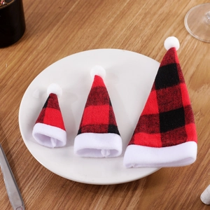 Three-piece set of mini Christmas plaid hats for cutlery and wine bottle decorations