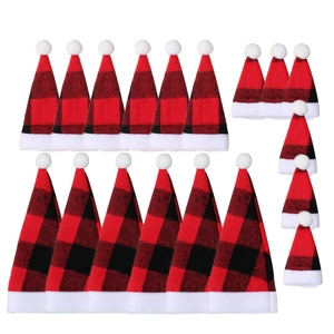 Set of 18 mini red and black buffalo plaid Christmas hats for bottle and cutlery decor