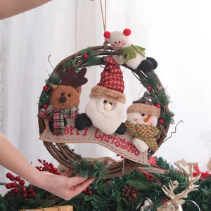 Christmas Rattan Wreath With Plush Santa Reindeer Snowman Dolls Embroidered Burlap Banner Festive Wall Door Decoration