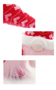 Close-up of knit fabric hat and pink faux fur beard detail on the Valentine gnome