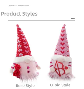 Detail view of Valentine gnomes with rose and cupid arrow motifs on white background