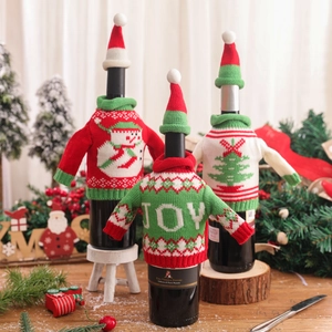Festive knitted Christmas wine bottle sweater set with snowman and JOY patterns