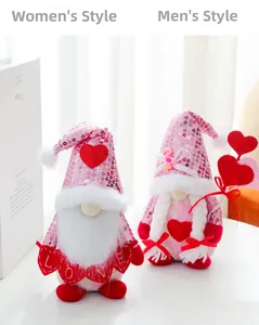 Close-up of Valentine Gnomes with pink sequins and heart details in a warm setting