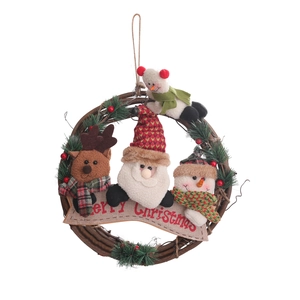 Christmas rattan wreath decoration with Santa, snowman and reindeer on white background
