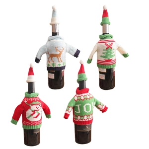 Festive 4-piece knitted Christmas wine bottle covers with mini sweaters and hats set